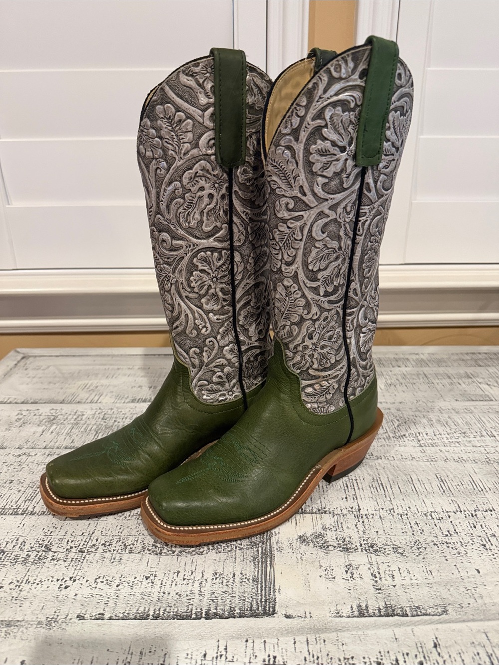 Anderson Bean Green Leather & Beautiful Silver Gray Embossed Cowboy Boots